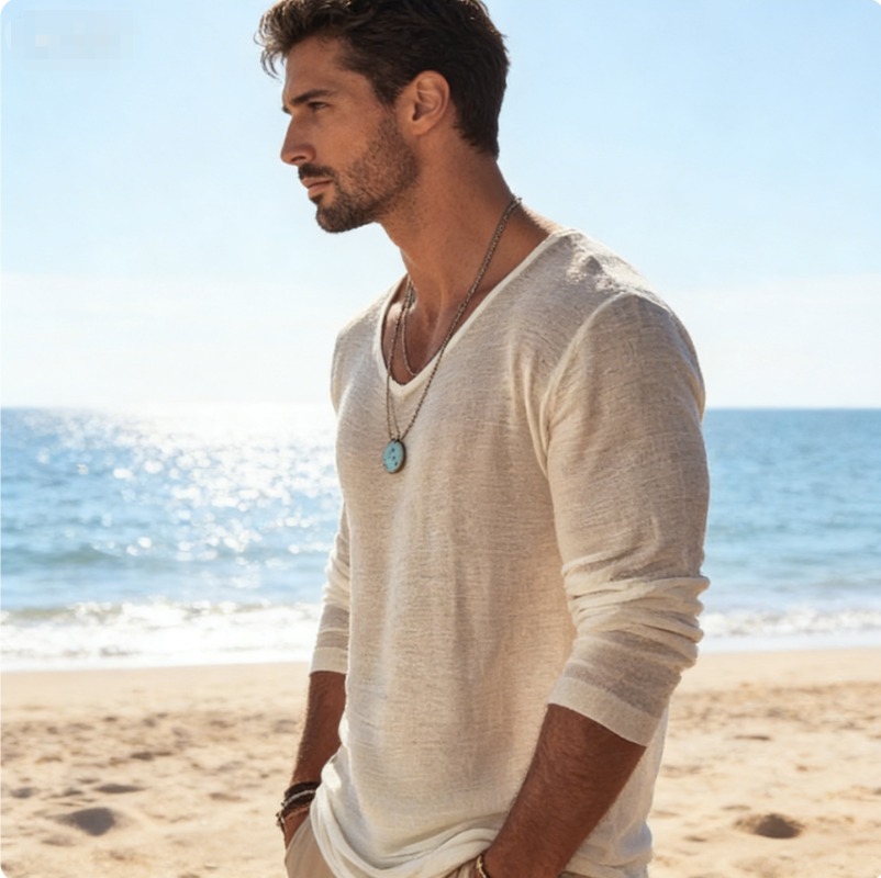 تي شيرت رجالي كاجوال برقبة على - مراجعة Linen Shirt Breathable وسعره